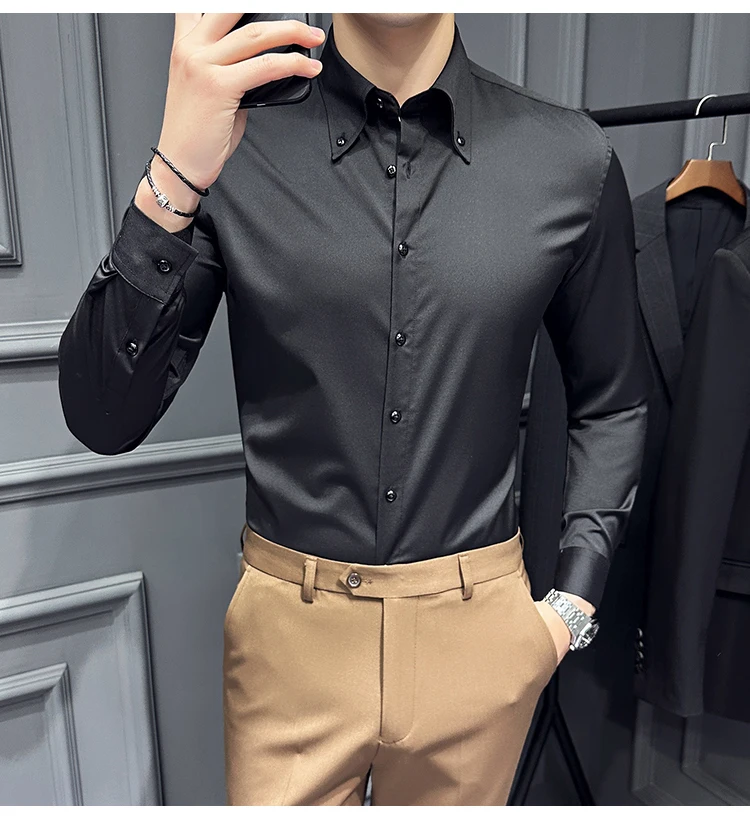 High Quality Lapel Collar Shirt for Men Solid Color Casual Business Dress Shirts Office Social Uniform Shirt Men Clothing 2024