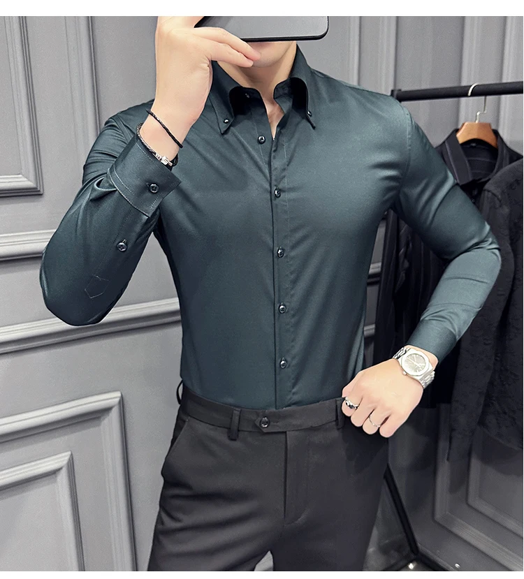 High Quality Lapel Collar Shirt for Men Solid Color Casual Business Dress Shirts Office Social Uniform Shirt Men Clothing 2024