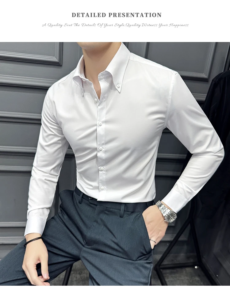 High Quality Lapel Collar Shirt for Men Solid Color Casual Business Dress Shirts Office Social Uniform Shirt Men Clothing 2024