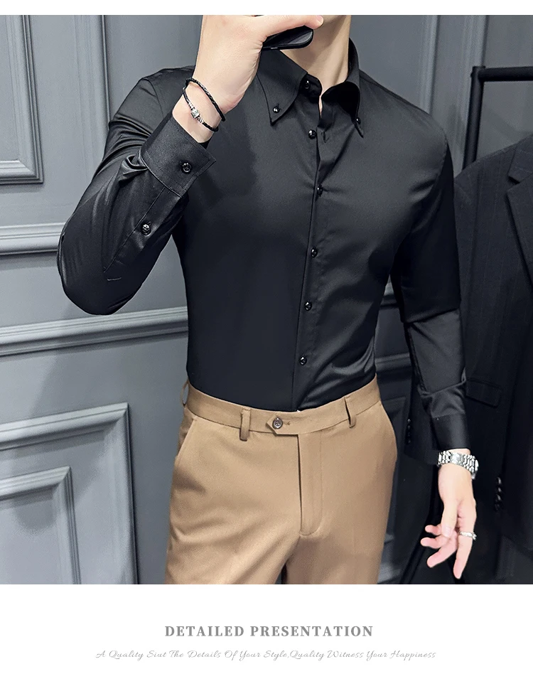 High Quality Lapel Collar Shirt for Men Solid Color Casual Business Dress Shirts Office Social Uniform Shirt Men Clothing 2024