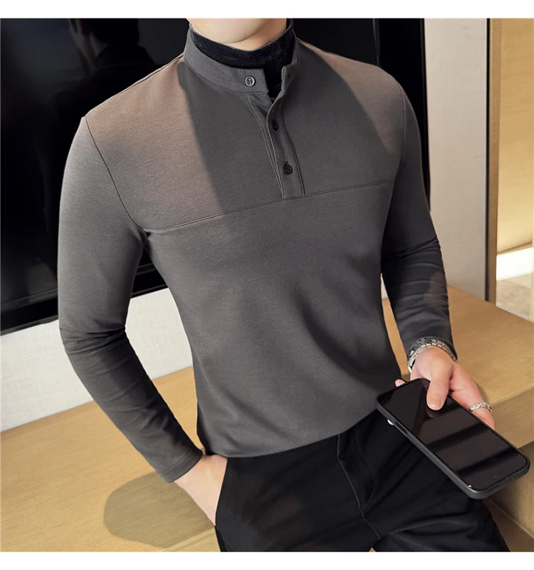 Autumn Winter Velvet Patchwork T-shirts Men Fake Two-piece Stretch T-shirt Men Slim Fit Henry Collar Long Sleeved Base T-shirt