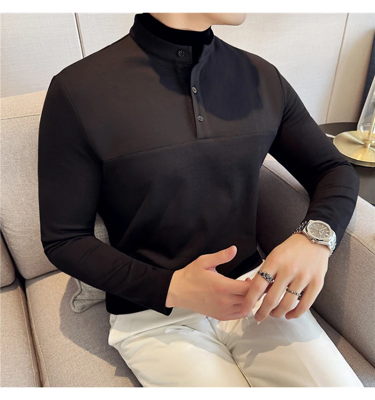 Autumn Winter Velvet Patchwork T-shirts Men Fake Two-piece Stretch T-shirt Men Slim Fit Henry Collar Long Sleeved Base T-shirt