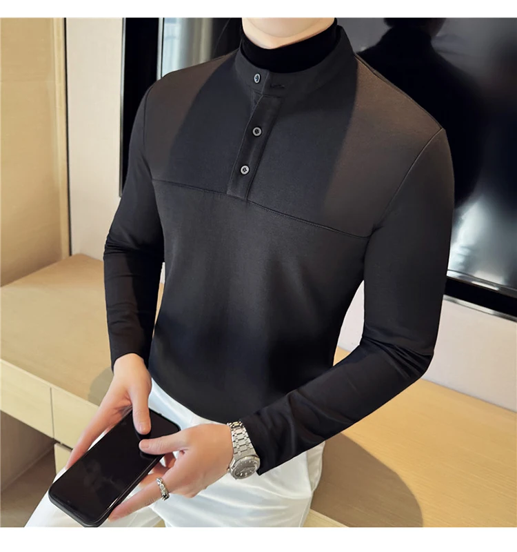 Autumn Winter Velvet Patchwork T-shirts Men Fake Two-piece Stretch T-shirt Men Slim Fit Henry Collar Long Sleeved Base T-shirt