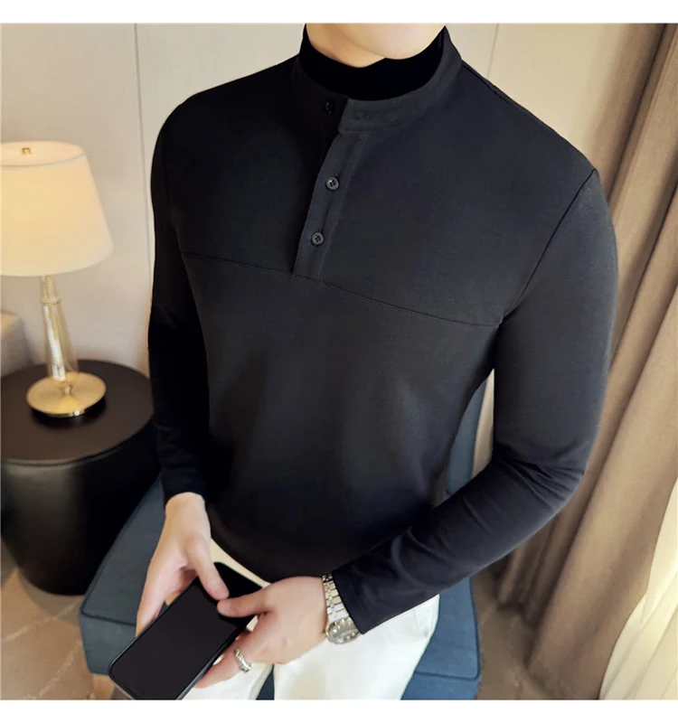 Autumn Winter Velvet Patchwork T-shirts Men Fake Two-piece Stretch T-shirt Men Slim Fit Henry Collar Long Sleeved Base T-shirt