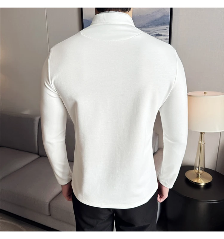 Autumn Winter Velvet Patchwork T-shirts Men Fake Two-piece Stretch T-shirt Men Slim Fit Henry Collar Long Sleeved Base T-shirt