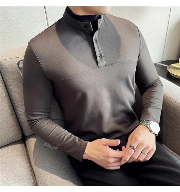 Autumn Winter Velvet Patchwork T-shirts Men Fake Two-piece Stretch T-shirt Men Slim Fit Henry Collar Long Sleeved Base T-shirt