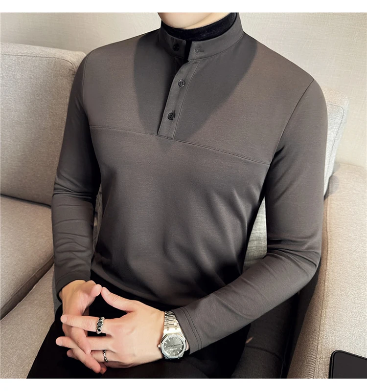Autumn Winter Velvet Patchwork T-shirts Men Fake Two-piece Stretch T-shirt Men Slim Fit Henry Collar Long Sleeved Base T-shirt