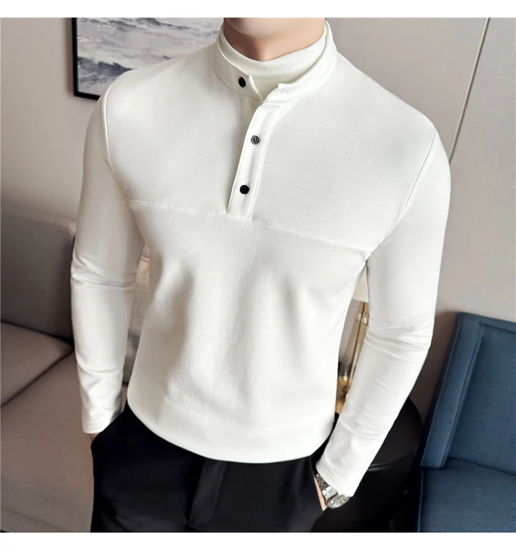 Autumn Winter Velvet Patchwork T-shirts Men Fake Two-piece Stretch T-shirt Men Slim Fit Henry Collar Long Sleeved Base T-shirt