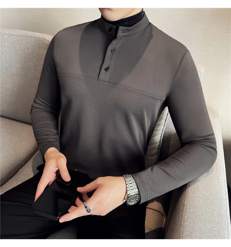 Autumn Winter Velvet Patchwork T-shirts Men Fake Two-piece Stretch T-shirt Men Slim Fit Henry Collar Long Sleeved Base T-shirt