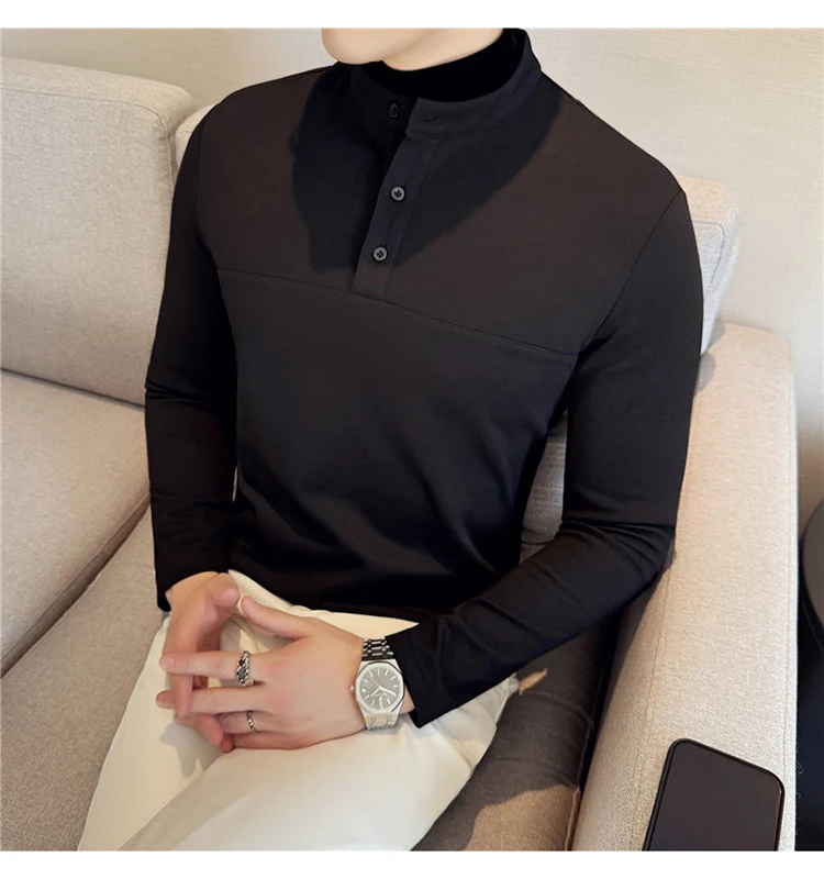 Autumn Winter Velvet Patchwork T-shirts Men Fake Two-piece Stretch T-shirt Men Slim Fit Henry Collar Long Sleeved Base T-shirt
