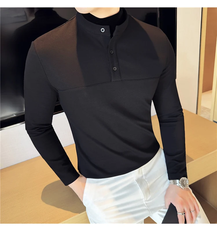 Autumn Winter Velvet Patchwork T-shirts Men Fake Two-piece Stretch T-shirt Men Slim Fit Henry Collar Long Sleeved Base T-shirt