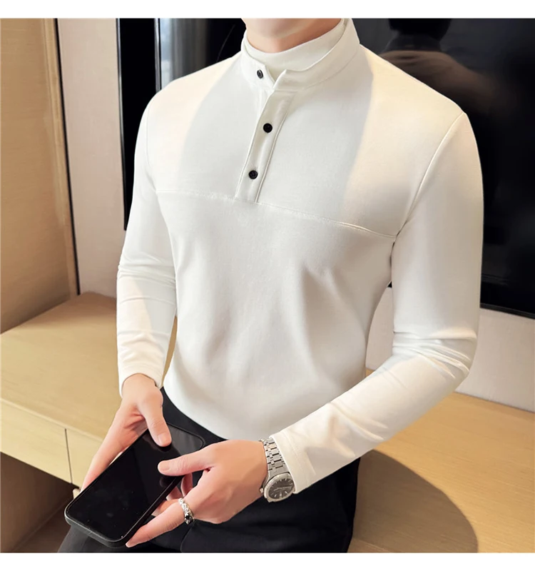 Autumn Winter Velvet Patchwork T-shirts Men Fake Two-piece Stretch T-shirt Men Slim Fit Henry Collar Long Sleeved Base T-shirt
