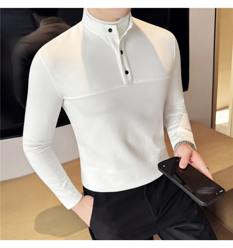 Autumn Winter Velvet Patchwork T-shirts Men Fake Two-piece Stretch T-shirt Men Slim Fit Henry Collar Long Sleeved Base T-shirt