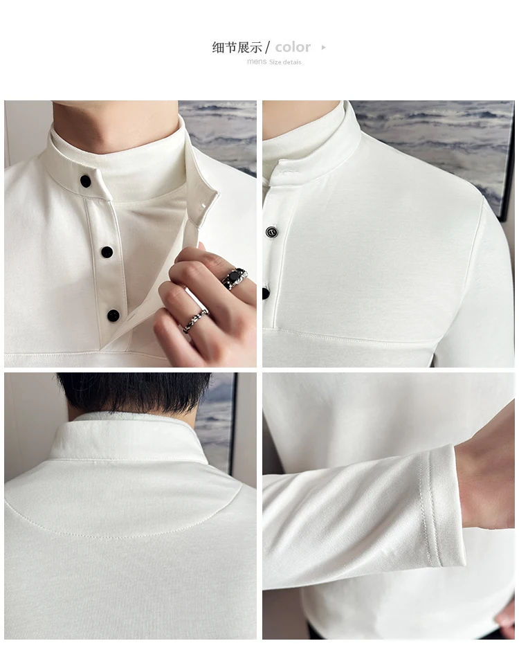 Autumn Winter Velvet Patchwork T-shirts Men Fake Two-piece Stretch T-shirt Men Slim Fit Henry Collar Long Sleeved Base T-shirt