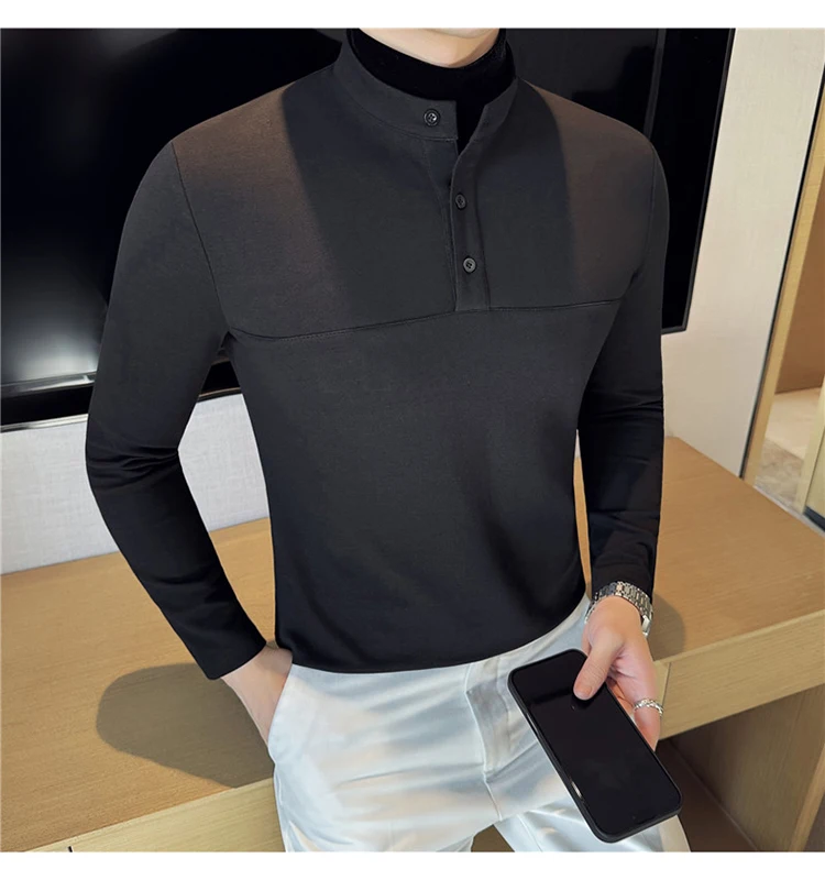 Autumn Winter Velvet Patchwork T-shirts Men Fake Two-piece Stretch T-shirt Men Slim Fit Henry Collar Long Sleeved Base T-shirt