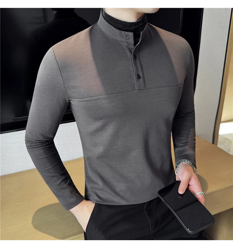 Autumn Winter Velvet Patchwork T-shirts Men Fake Two-piece Stretch T-shirt Men Slim Fit Henry Collar Long Sleeved Base T-shirt