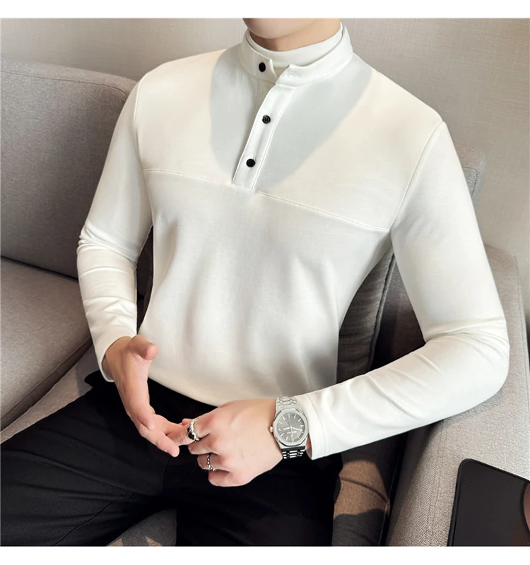 Autumn Winter Velvet Patchwork T-shirts Men Fake Two-piece Stretch T-shirt Men Slim Fit Henry Collar Long Sleeved Base T-shirt