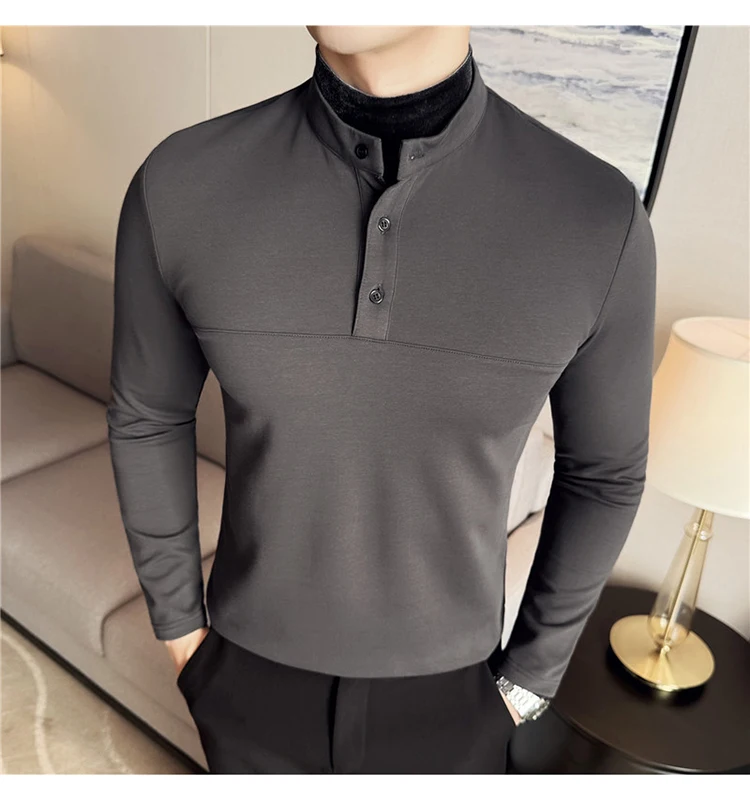 Autumn Winter Velvet Patchwork T-shirts Men Fake Two-piece Stretch T-shirt Men Slim Fit Henry Collar Long Sleeved Base T-shirt