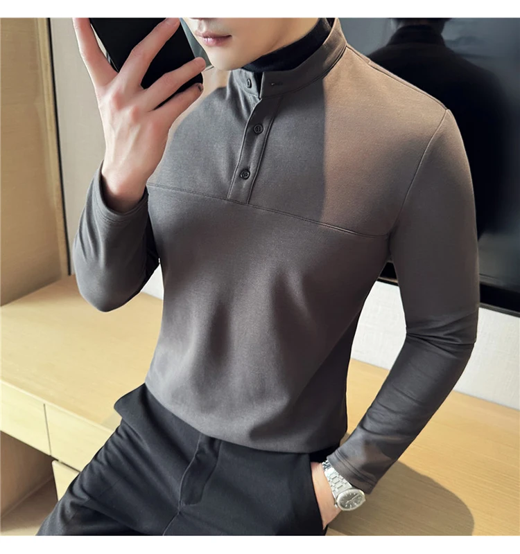Autumn Winter Velvet Patchwork T-shirts Men Fake Two-piece Stretch T-shirt Men Slim Fit Henry Collar Long Sleeved Base T-shirt