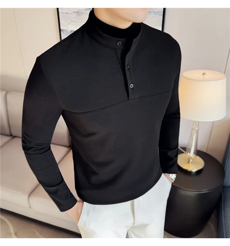 Autumn Winter Velvet Patchwork T-shirts Men Fake Two-piece Stretch T-shirt Men Slim Fit Henry Collar Long Sleeved Base T-shirt
