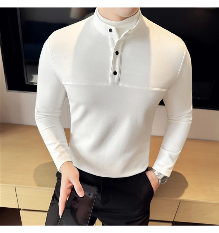 Autumn Winter Velvet Patchwork T-shirts Men Fake Two-piece Stretch T-shirt Men Slim Fit Henry Collar Long Sleeved Base T-shirt