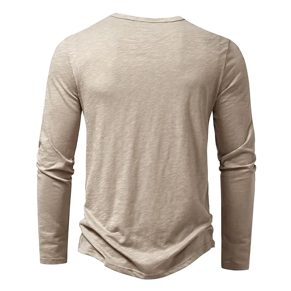 Autumn New Men's Cotton Button Long Sleeve  Henley Neck T-Shirt Casual Solid Color Breathable Versatile Fashion Slim T-Shirts