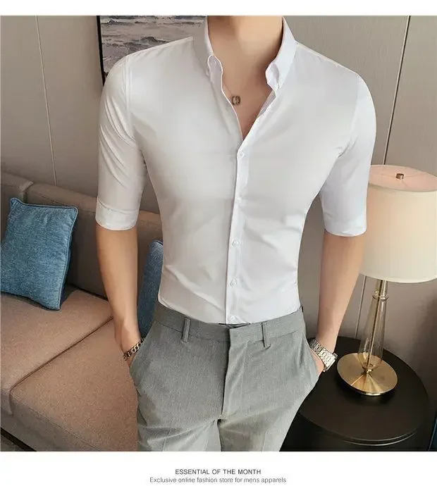 Light Luxury High-end Shirt for Men Slim Korean Style Youth Seven-point Short-sleeved Casual Business White Shirt