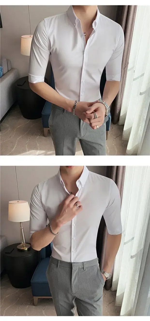 Light Luxury High-end Shirt for Men Slim Korean Style Youth Seven-point Short-sleeved Casual Business White Shirt