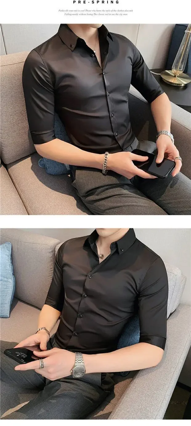 Light Luxury High-end Shirt for Men Slim Korean Style Youth Seven-point Short-sleeved Casual Business White Shirt