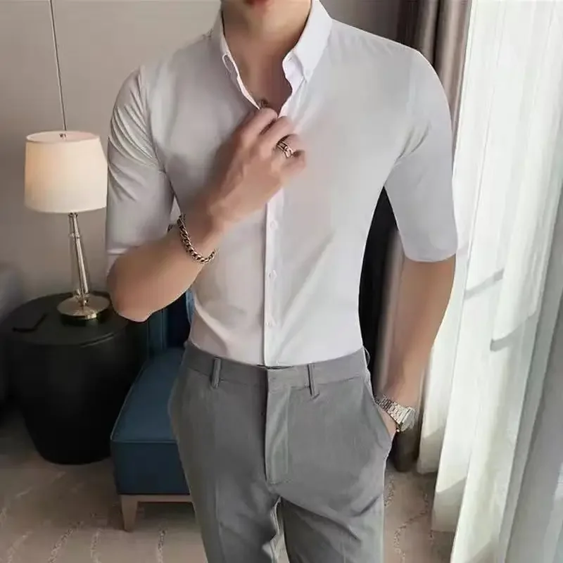 Light Luxury High-end Shirt for Men Slim Korean Style Youth Seven-point Short-sleeved Casual Business White Shirt