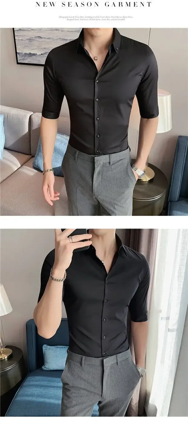 Light Luxury High-end Shirt for Men Slim Korean Style Youth Seven-point Short-sleeved Casual Business White Shirt