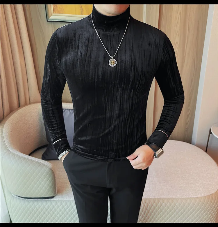 Korean Button Decoration Long Sleeved T-shirt Men's Autumn Winter Half High Collar Casual T-shirt Business Social Base Tee Tops