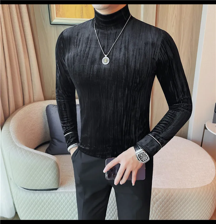 Korean Button Decoration Long Sleeved T-shirt Men's Autumn Winter Half High Collar Casual T-shirt Business Social Base Tee Tops