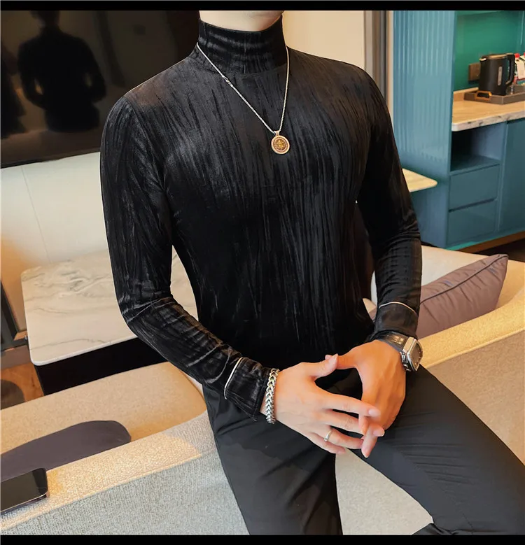 Korean Button Decoration Long Sleeved T-shirt Men's Autumn Winter Half High Collar Casual T-shirt Business Social Base Tee Tops