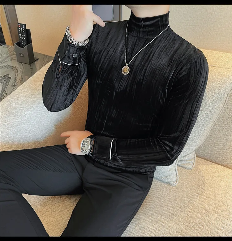 Korean Button Decoration Long Sleeved T-shirt Men's Autumn Winter Half High Collar Casual T-shirt Business Social Base Tee Tops