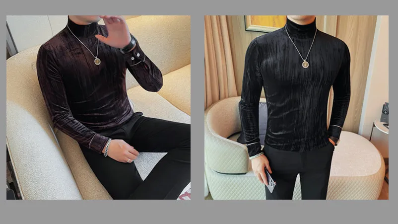 Korean Button Decoration Long Sleeved T-shirt Men's Autumn Winter Half High Collar Casual T-shirt Business Social Base Tee Tops