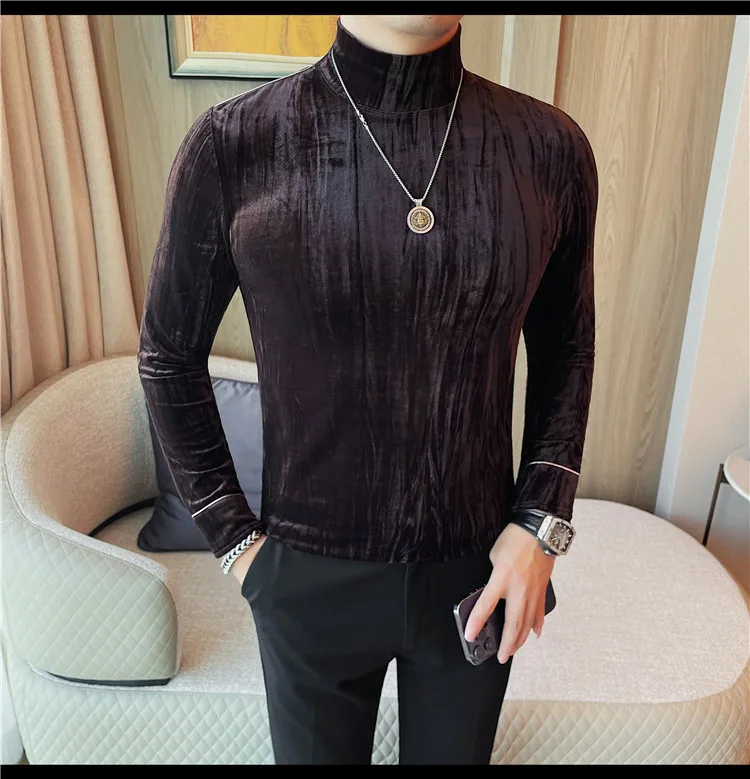 Korean Button Decoration Long Sleeved T-shirt Men's Autumn Winter Half High Collar Casual T-shirt Business Social Base Tee Tops