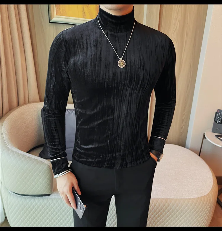 Korean Button Decoration Long Sleeved T-shirt Men's Autumn Winter Half High Collar Casual T-shirt Business Social Base Tee Tops