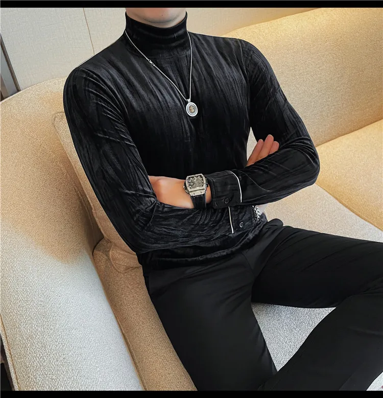 Korean Button Decoration Long Sleeved T-shirt Men's Autumn Winter Half High Collar Casual T-shirt Business Social Base Tee Tops
