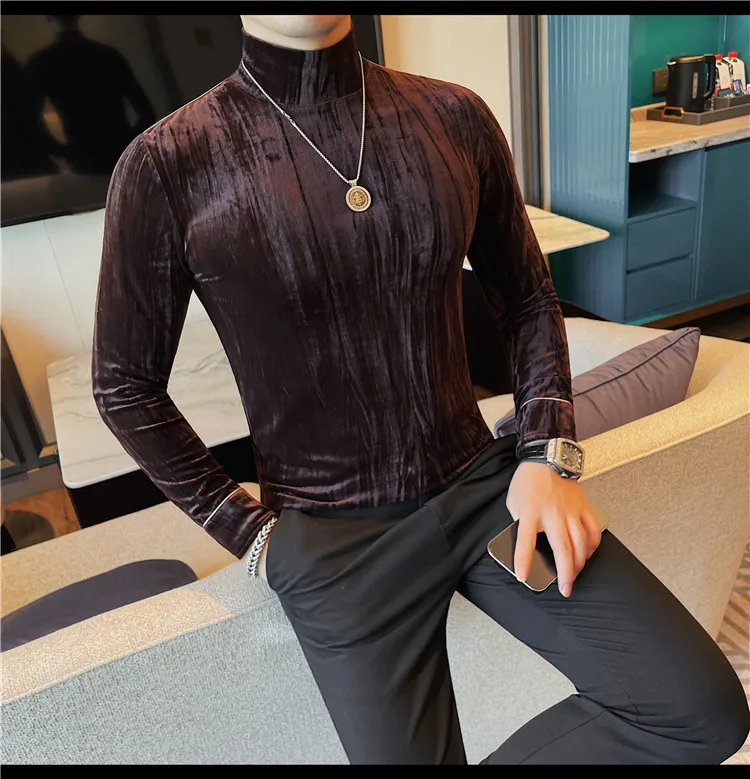 Korean Button Decoration Long Sleeved T-shirt Men's Autumn Winter Half High Collar Casual T-shirt Business Social Base Tee Tops