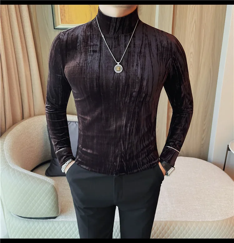 Korean Button Decoration Long Sleeved T-shirt Men's Autumn Winter Half High Collar Casual T-shirt Business Social Base Tee Tops