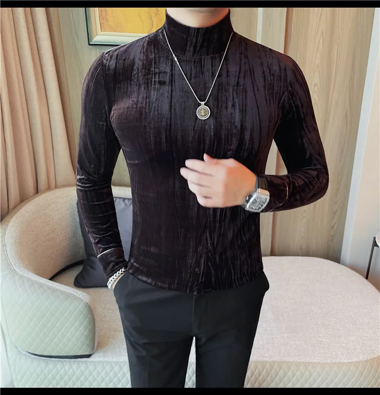 Korean Button Decoration Long Sleeved T-shirt Men's Autumn Winter Half High Collar Casual T-shirt Business Social Base Tee Tops