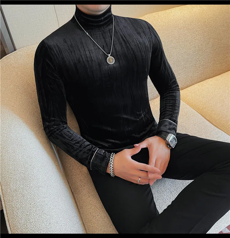 Korean Button Decoration Long Sleeved T-shirt Men's Autumn Winter Half High Collar Casual T-shirt Business Social Base Tee Tops