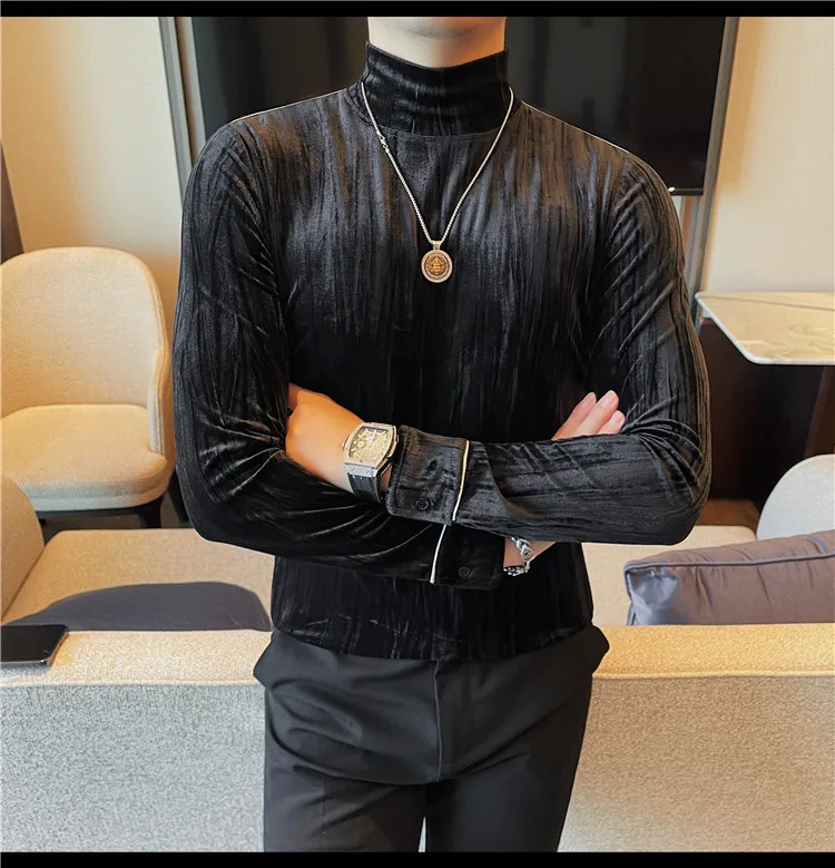 Korean Button Decoration Long Sleeved T-shirt Men's Autumn Winter Half High Collar Casual T-shirt Business Social Base Tee Tops