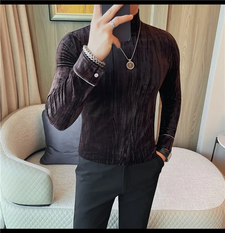 Korean Button Decoration Long Sleeved T-shirt Men's Autumn Winter Half High Collar Casual T-shirt Business Social Base Tee Tops