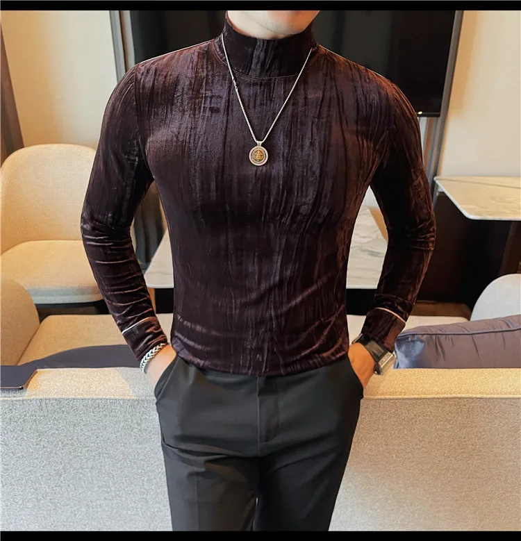 Korean Button Decoration Long Sleeved T-shirt Men's Autumn Winter Half High Collar Casual T-shirt Business Social Base Tee Tops