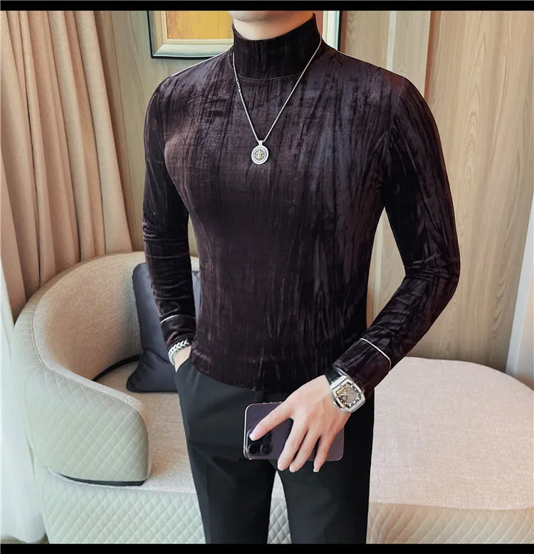 Korean Button Decoration Long Sleeved T-shirt Men's Autumn Winter Half High Collar Casual T-shirt Business Social Base Tee Tops