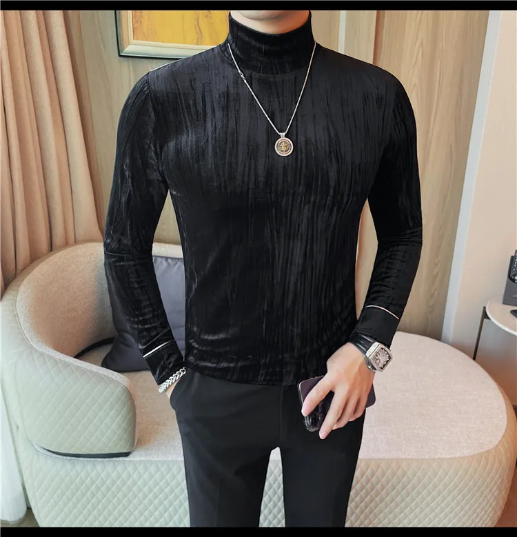 Korean Button Decoration Long Sleeved T-shirt Men's Autumn Winter Half High Collar Casual T-shirt Business Social Base Tee Tops