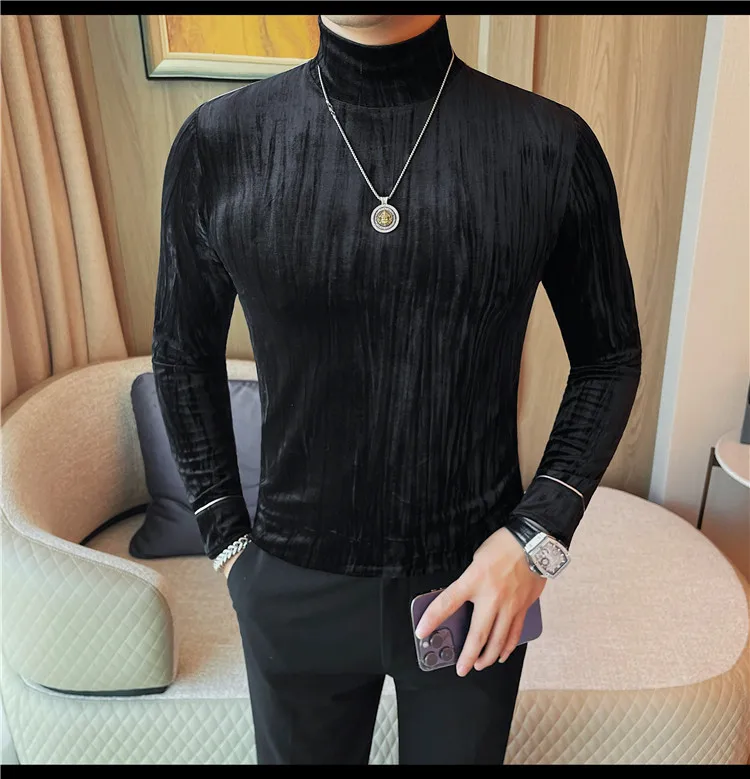 Korean Button Decoration Long Sleeved T-shirt Men's Autumn Winter Half High Collar Casual T-shirt Business Social Base Tee Tops