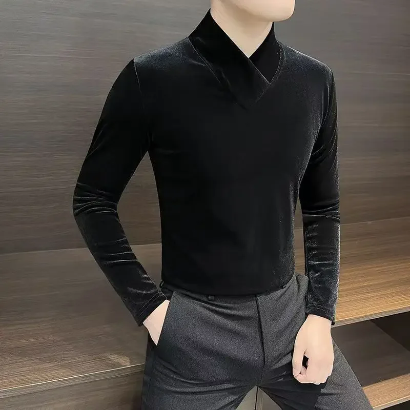 Gold Velvet V-neck Long-sleeved T-shirt Men's High-end Half-high-neck Inner Base Shirt